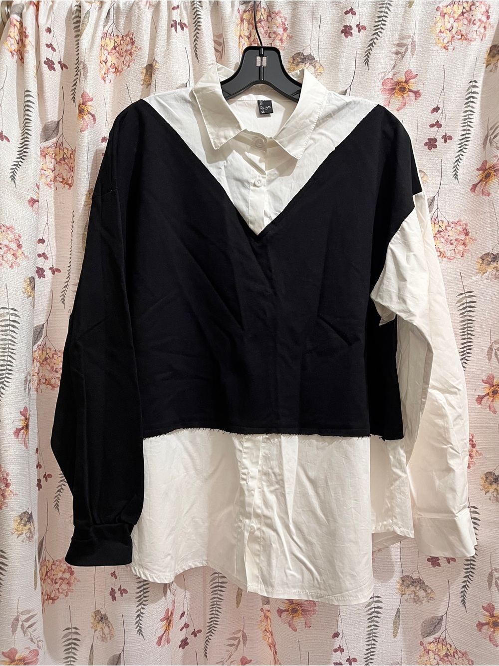 Layered Black & White Collared Blouse - Modern Two-Tone Top